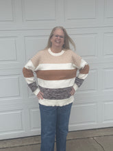 Load image into Gallery viewer, Brown Mixed Texture Knit Striped Color Block Loose Sweater
