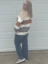 Load image into Gallery viewer, Brown Mixed Texture Knit Striped Color Block Loose Sweater
